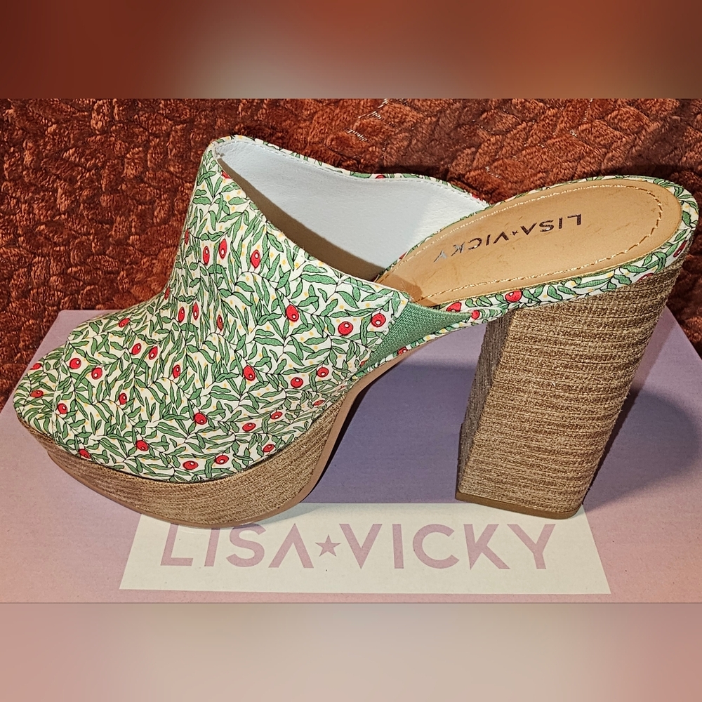 LISA VICKY JOY2 Green and Red Floral Mules with Block Heel